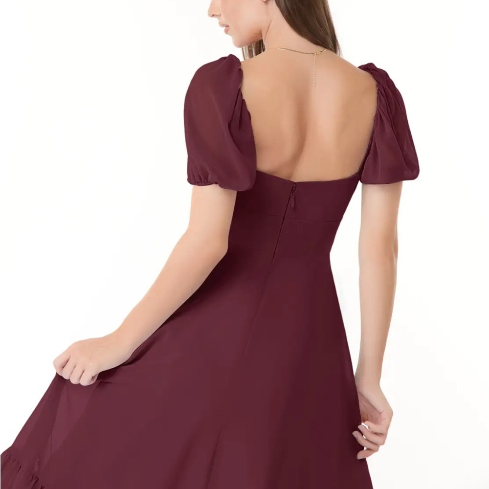 Azazie Baby Cabernet Midi Bridesmaid Dress Puff Sleeves Sweetheart Neck Size 6 - Picture 6 of 11